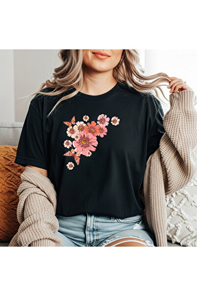 herkesemoda Detaliu imprimat cu flori roz basic tricou