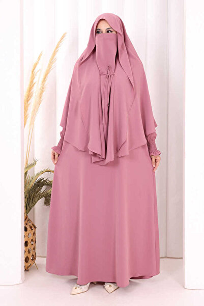 Bym Fashion Peçeli Cilbab Model Elbise 6063 Gül Kurusu