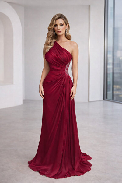 Meryl One-shoulder maxi evening dress with draping and crystal embroidery – b...