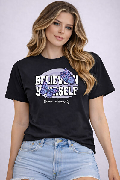 herkesemoda Tricou de bază cu imprimeu Believen Yourself și detalii imprimate