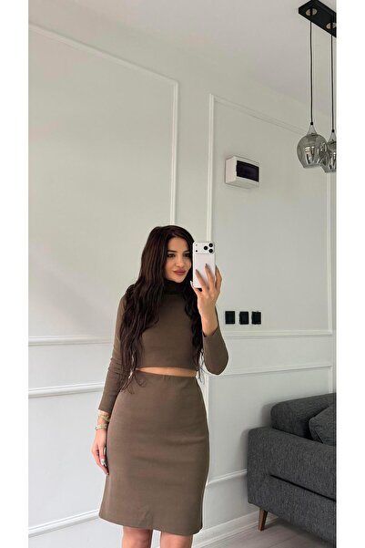 Daves Khaki High Collar Blouse and Elastic Waist Skirt Set