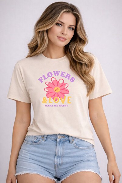 herkesemoda Flowers Love Print Detailed Basic T-Shirt