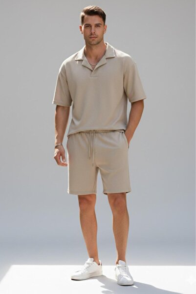 CAST COLLECTİON Set scurt de tricou cu guler polo bej pentru bărbați