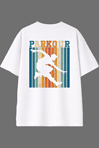 VSRN تي شيرت باركور 1 ديزاين أبيض كبير الحجم مع طباعة خلفية