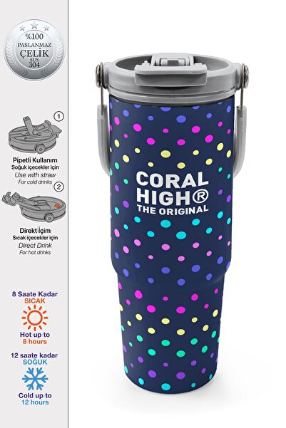 Coral High ترموس فولاذي منقوش باللون الأزرق الداكن مع شفاطة وقنينة للشرب المب...