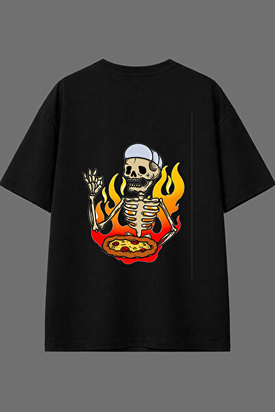VSRN Tricou oversize negru cu imprimeu pe spate cu design Pizza Skeleton
