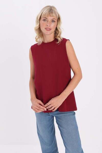 ALLDAY Plum-Crew Neck Sleeveless Cotton T-Shirt