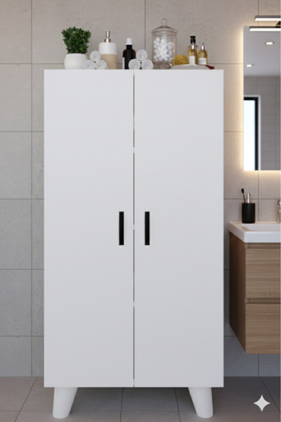 KZY Mobilya 4 Raflı 2 Kapaklı 12R Banyo Dolabı Seti