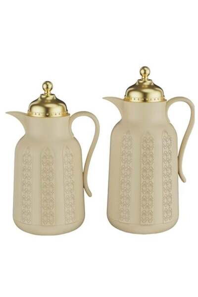 Mister Brand Thermos Set - 0.7 + 1 Liter - Beige with Golden Lid