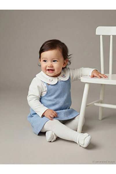 LC Waikiki LCW baby Mavi Nakışlı Kız Bebek Salopet Elbise Ve Bluz