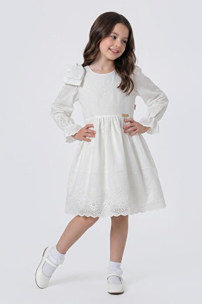 Zaziko Kids Rochie cu mânecă lungă și detalii cu fundă la umăr pentru fete