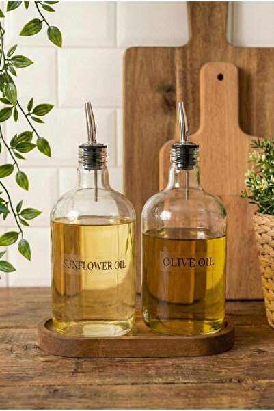 Frolde Ahşap Stantlı 2'li ÇelikTıpalı 750Ml Cam Ayçiçek Yağı Zeytinyağı Şişes...