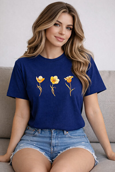 herkesemoda Basic T-Shirt with Yellow Flowers Print Detail