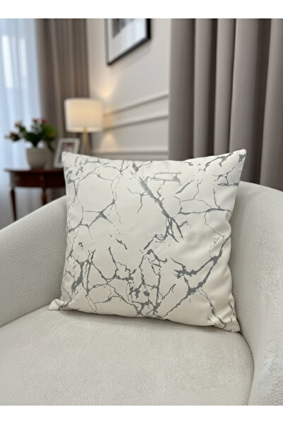 Brillant 2'li Kadife Kırlent Yastık Kılıfı Ekru-Gümüş Varaklı (45X45)