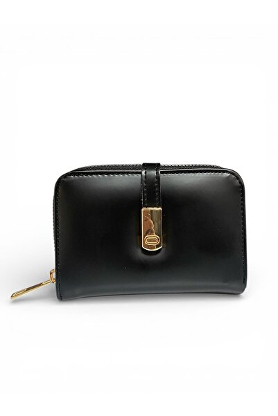 Kemerix Women's Gold Detailed Magnetic Black Stylish Wallet