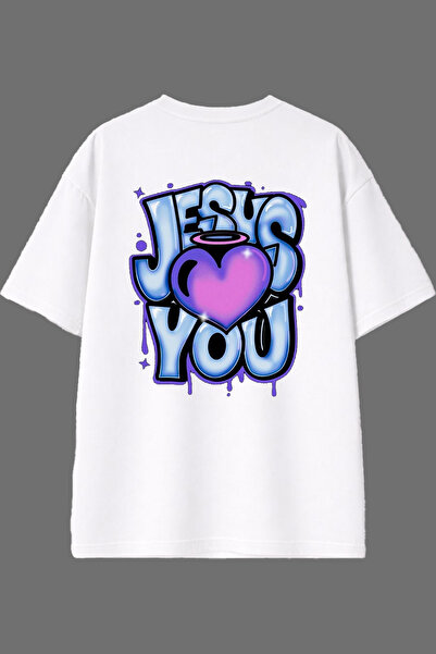 VSRN Μπλουζάκι Jesus Tasarım με στάμπα στην πλάτη, λευκό, oversized