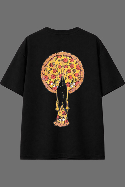 VSRN تي شيرت أسود كبير الحجم بتصميم كايان بيتزا مطبوع من الخلف