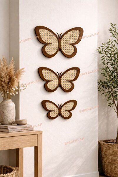birlazer Hasır Örgü Hazeran & Rattan Detaylı 3'lü Kelebek Duvar Süsü Ahşap Bo...