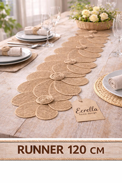 ecrella Çiçek Jüt Runner 120 cm – Doğal Hasır Görünümlü, Bohem & Şık Sofra De...