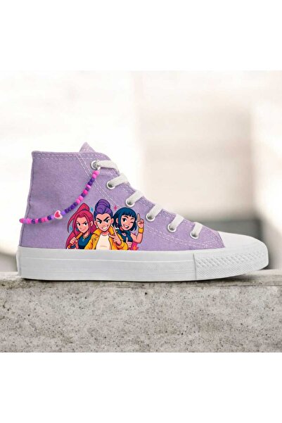 lias desing Girl Child Purple Color Girls Printed Beaded Linen Lace-Up Sneakers
