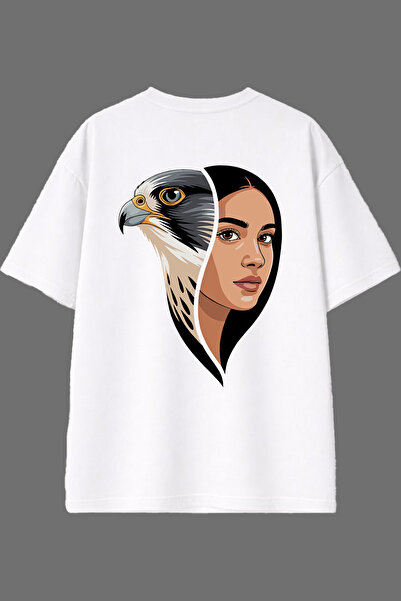 VSRN Şahin Women's Design Back Printed White Oversize T-Shirt