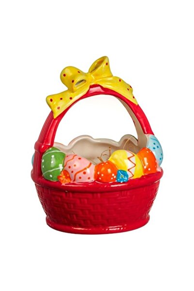 OEM Red Ceramic Egg Basket with Yellow Ribbon for Easter Ø18x14cm