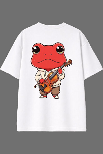 VSRN Violinist Frog Design Back Printed White Oversize t Shirt