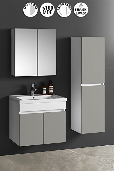 ÖZCEDEN Çiğdem 55+35 cm Beyaz-İnox Balon MDF Seramik Lavabolu Asma Banyo Dola...