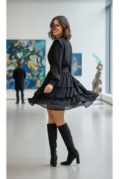 MARE BUTİK Kat Kat Saten Şifon Detaylı Siyah Mini Elbise