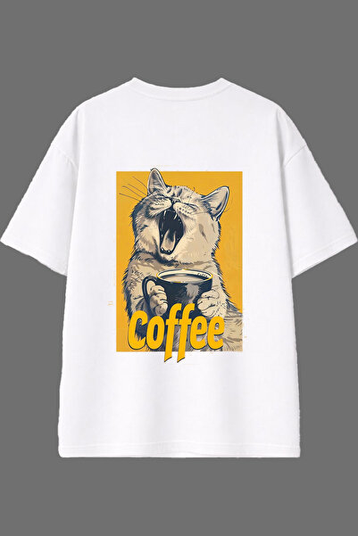 VSRN Tricou oversize alb cu imprimeu pe spate Cat Coffee Design
