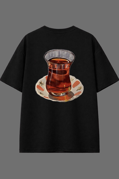 VSRN تي شيرت أسود كبير الحجم بتصميم كوب شاي وطباعة خلفية
