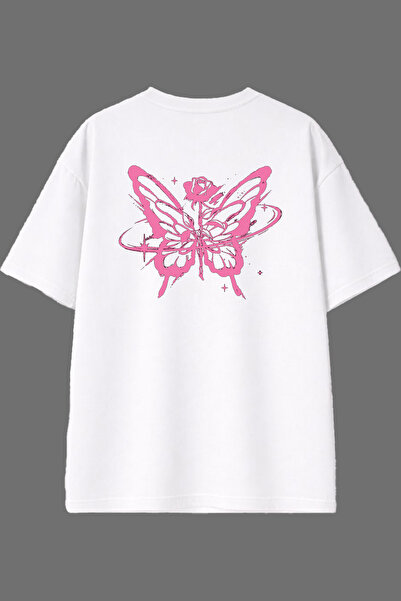 VSRN تي شيرت أبيض كبير الحجم بتصميم فراشة مع ورود وردية مطبوعة من الخلف