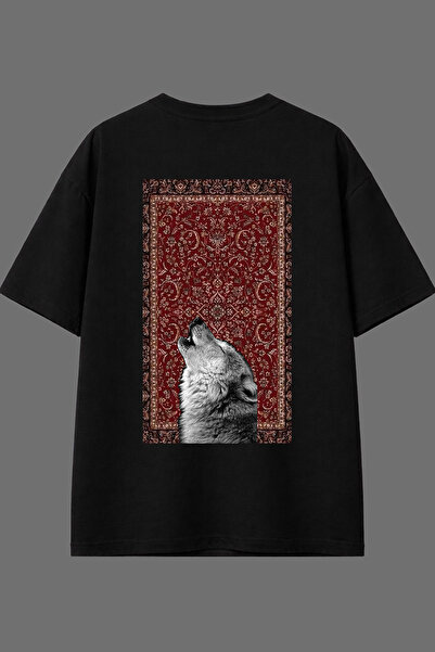 VSRN تي شيرت أسود كبير الحجم بتصميم Uluyan Wolf مطبوع من الخلف