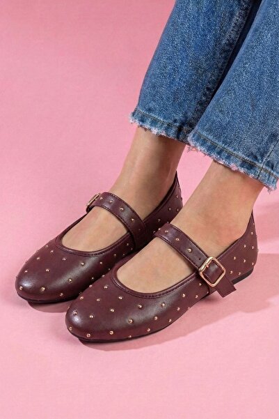 FUGA MODA Kroma Burgundy Leather Metal Mini Trocley Belted Premium Ballerinas