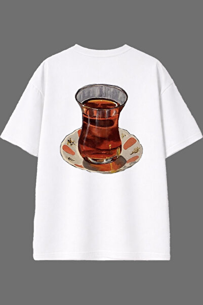 VSRN تي شيرت أبيض كبير الحجم بتصميم كوب شاي وطباعة خلفية