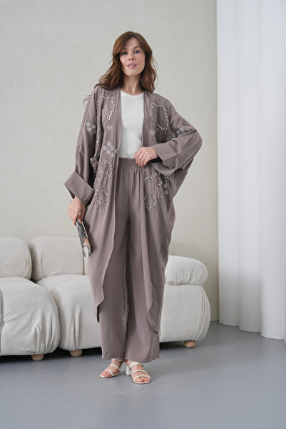 Miss Allos Women's Front Embroidered Beaded Linen Kimono Cardigan and Pants T...