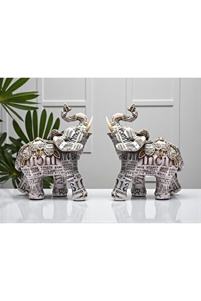e-life shop Lüks Taş İşlemeli Feng Shui 2'li Fil Heykeli Dekoratif Reçine Bib...