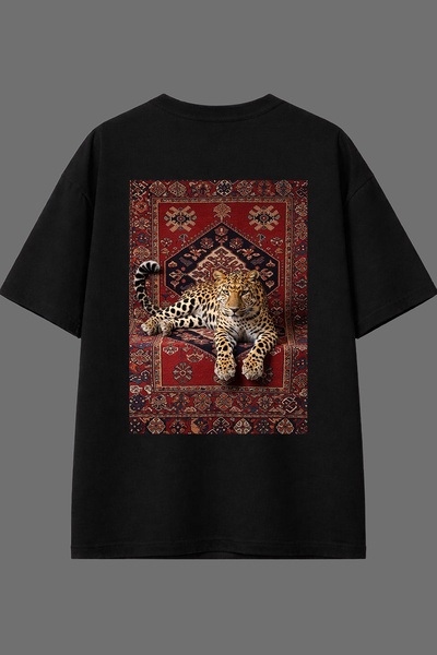 VSRN تي شيرت أسود كبير الحجم بتصميم عرقي مطبوع من الخلف بتصميم الفهد