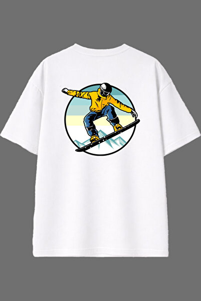VSRN Snowboard Mountain Design Back Printed White Oversize t Shirt