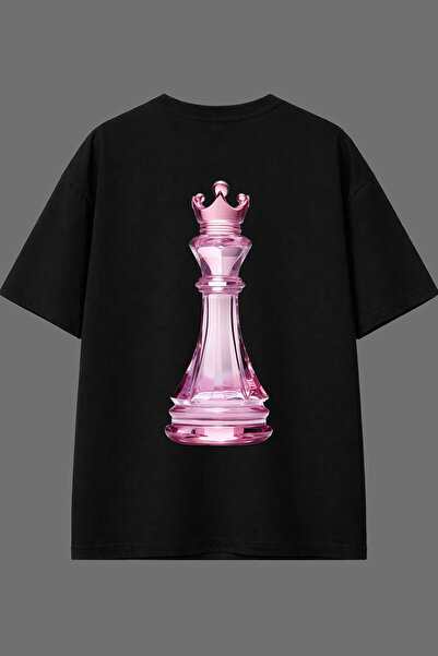 VSRN Tricou oversize negru cu imprimeu pe spate, design Shah din porțelan roz