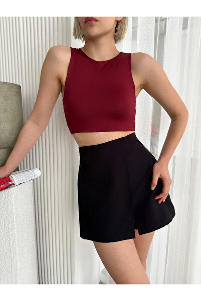 MELA ROSSA Women's Burgundy Zero Neck Lined Polyamide Elastane Basic Crop Bus...