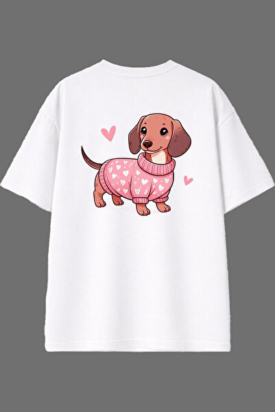 VSRN تي شيرت أبيض كبير الحجم بتصميم سوسايكس دوج مطبوع من الخلف