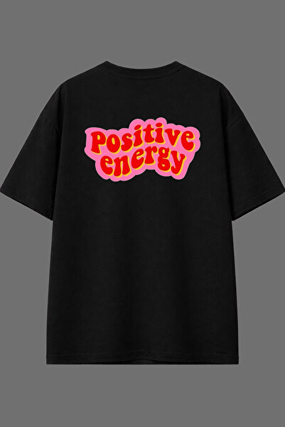 VSRN Tricou negru oversize cu imprimeu pe spate, design Positive Energy