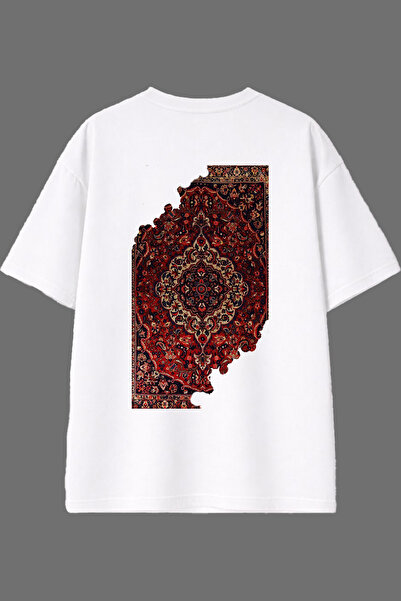 VSRN تي شيرت أبيض كبير الحجم بتصميم سجادة عرقية ممزقة وطباعة خلفية