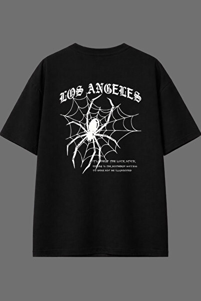 VSRN تي شيرت أسود كبير الحجم بتصميم سبايدر من لوس أنجلوس مع طباعة خلفية