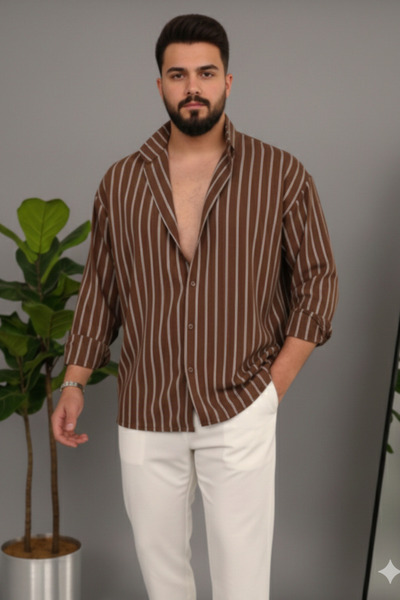 COOL TARZ Men's Brown White Double Striped Regular Relaxed Fit Long Sleeve Shirt