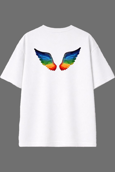 VSRN تي شيرت أبيض كبير الحجم بتصميم أجنحة ملونة وطباعة خلفية