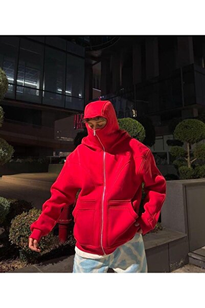 İlayda Toprak Mask Unısex Kırmızı 3 İplik Şardonlu Kar Maskeli Kapüşonlu Over...