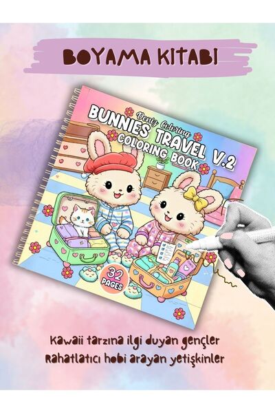 deniz9 Bunnies Travel V.2 Kawaii Boyama Kitabı – Seyahat Temalı Sevimli Tavşa...