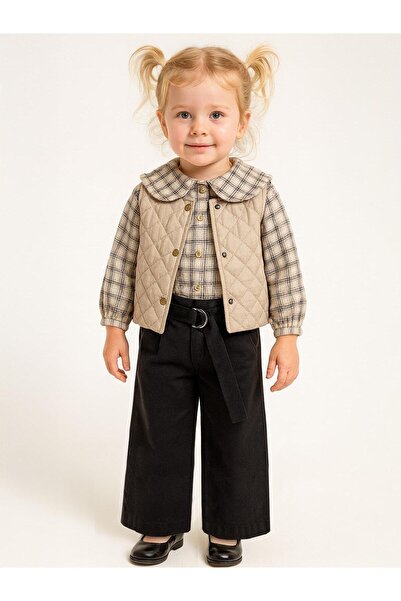 Cocoland Yelekli Kareli Gömlekli 3'lü 6-18 Ay Takım - Bej 9-12 Ay